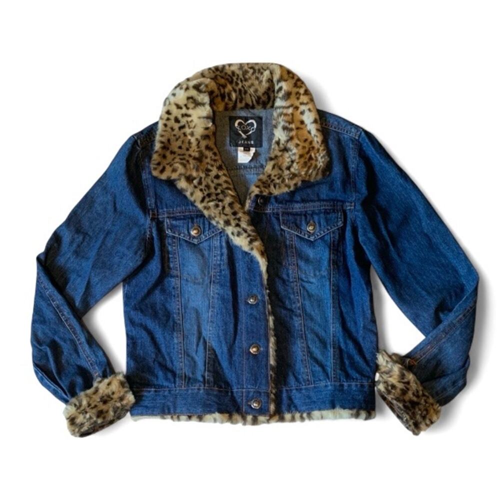 Y2K XOXO Jeans Leopard Faux Fur Denim Jacket M McBling
